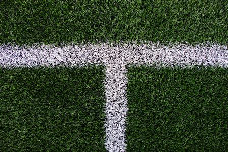 绿色足球场上的白线交叉娱乐场地体育场杯子草皮白色沥青草地游戏地面背景图片