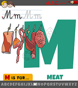 带卡通肉食物品的字母表M背景图片
