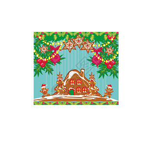 带姜饼的圣诞卡房屋城市树木帽子建筑物薄片星星插图框架糖果背景图片