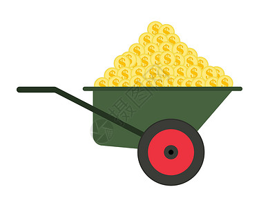 手推车金眼财富和资本积累的概念 花园手推车里有一大堆带有美元符号的金币 孤立在白色背景上的矢量图解设计图片