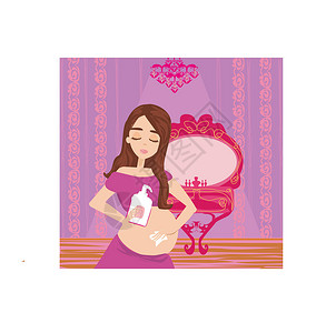 腹部护理孕妇在胃部抗拉伸伤痕时给胃药润滑剂母亲女性梳妆台护理洗剂吊灯药品浴室女孩插图插画