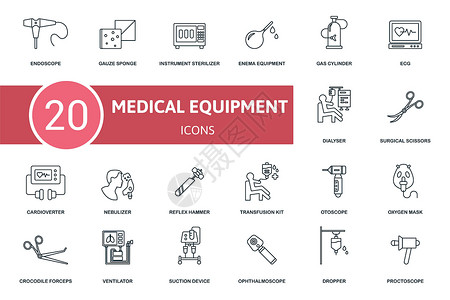 医疗设备设置图标 包含医疗设备插图 如纱布海绵 灌肠设备 心电图等情况治疗疾病药品测试实验室医院诊断医生心脏病学图片