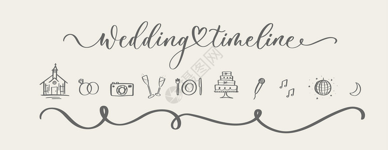 婚礼当天的结婚时间线菜单仪式婚姻漩涡横幅照片丝带脚本邀请函装饰品字体背景图片