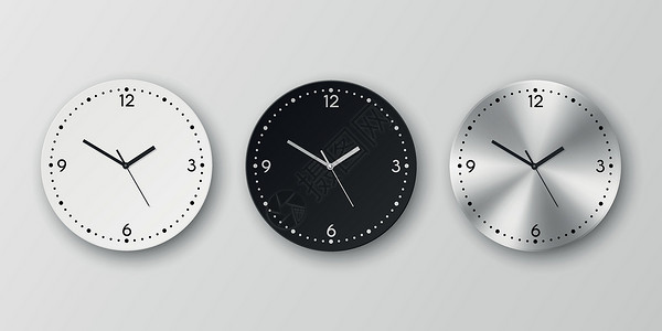 时间模板矢量 3d 逼真圆形白色 黑色和银色 镀铬钢墙办公室时钟设置隔离 挂钟面特写的设计模板 品牌和广告的模型 正视图数字手表日历时间设计图片
