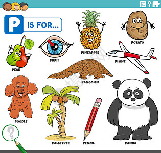 熊猫开飞机带有卡通字符的教育设备英语学校熊猫教学飞机工作穿山甲贵宾插图字母设计图片