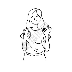 电话手工素材配有微笑 手持智能手机并显示OK手标说明用白色背景所隔离的矢量手工画出来的女人 其笑容半长的艺术线设计图片