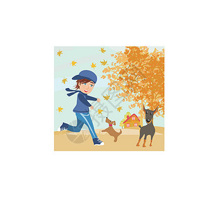 混种虎男孩在秋天和狗玩插画