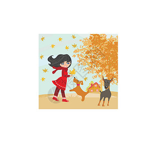 混种虎女孩在秋天和狗玩他的狗插画