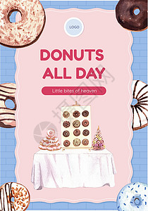 带有甜甜圈派对概念 水彩色风格的海报牌模板营销玻璃窗水彩传单糖果小册子圆圈食物生日小吃插画