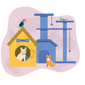 领养宠物养狗 猫 鹦鹉和蜥蜴的宠物旅馆插画