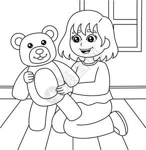女孩拥有泰迪熊儿童彩色页面背景图片