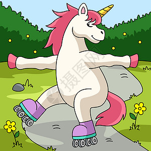 滑轮滑猪独角兽滑滑滑彩色卡通插画