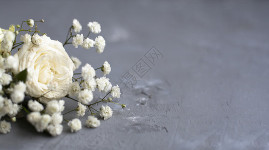 小白花和白玫瑰都放在灰色混凝土背景上 Banner 文本位置背景图片