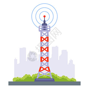城市信号素材电讯塔的信号在城市上坠落插画