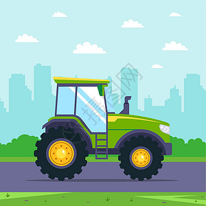 绿色拖拉机以城市为背景在高速公路上行驶背景图片