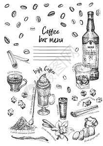 酒香草头复古手绘草图设计酒吧 餐厅 白色背景的咖啡馆菜单 图形矢量艺术 爱尔兰咖啡威士忌加冰传单 横幅 海报 小册子的创意模板插画