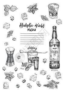 梅丽莎复古手绘草图设计酒吧 餐厅 白色背景的咖啡馆菜单 图形矢量艺术 威士忌加冰和薄荷 传单 横幅 海报 小册子的创意模板插画