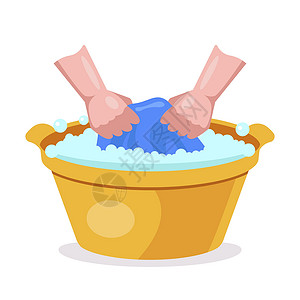 蓝色泡沫在洗手盆中洗衣服插画