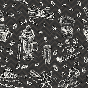 玻镁板复古手绘草图设计酒吧 餐厅 咖啡厅菜单黑色粉笔板背景 无缝模式图形矢量艺术 传单 横幅 海报的爱尔兰咖啡创意模板边界咖啡店杯子玻插画