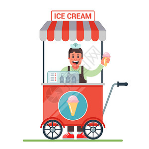 卖家卖冰淇淋的很愉快 你喜欢吃冰淇淋吗?插画
