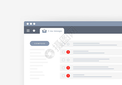 带有 5 条新消息和垃圾邮件的电子邮件服务界面 在带有选项卡通知的浏览器窗口中打开的电子邮件服务的平面设计中的矢量图背景图片