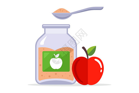 燕麦和苹果水果苹果酱 在玻璃罐子里 勺子和婴儿食物卡通片饮食蔬菜甜点瓶子插图农场果味午餐营养插画