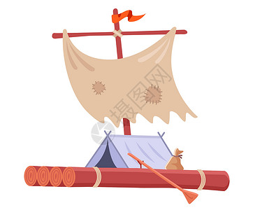 带皮狗肉带帐篷和帆的木筏自制插画