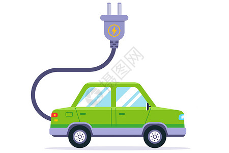 车载详情用生态电给汽车充电 混合动力绿色汽车插画