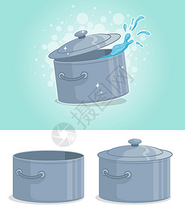 锅中加水卡通灰色金属烹饪锅和覆盖矢量插画