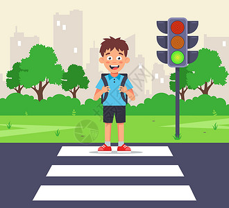 城市信号素材一个小男生在斑马十字路口 穿过一条通往绿灯的道路插画