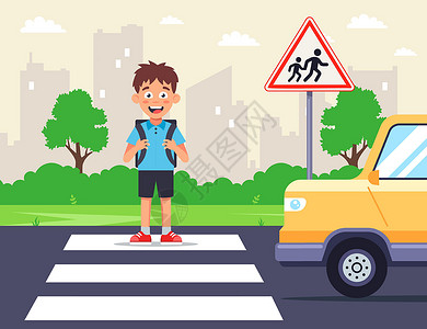人行横道学校男生在斑马十字路口穿过公路设计图片