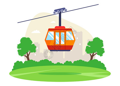 索道缆车乘有线车爬上山顶 橙色升降机插画