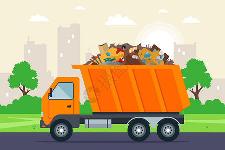 小费橙色垃圾车在城市背景下 开到路上的垃圾场上插画