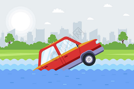 减轻灾害风险车子掉进河里 正在下沉汽车风险男人碰撞损害情况事故生活海浪运输设计图片