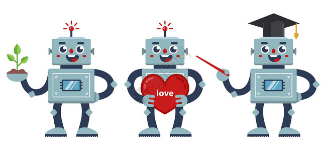 金属指针一组积极的机器人 一个机器人老师 一个书呆子机器人 一个心胸宽广的机器人插画