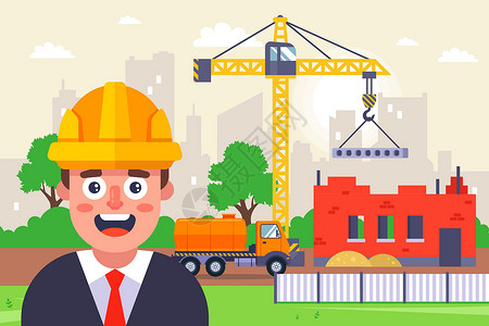房子工程师建筑师穿着黄色头盔 在建筑工地的背景上 (笑声)插画