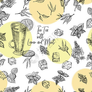 梅丽莎无缝型样板 文艺手画草图设计栏 餐馆 咖啡厅菜单背景 冷茶加冰 柠檬和薄荷 用于传单 横幅 海报的创意模板插画