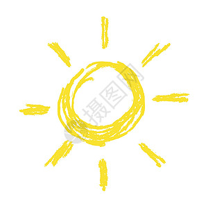 蜡笔风格太阳粉笔或蜡笔手绘太阳素描 徽标 图标 标志 徽章 卡通涂鸦儿童风格中的矢量 用于打印 衣服 贺卡 封面 传单 装饰孩子天气绘画阳光设计图片