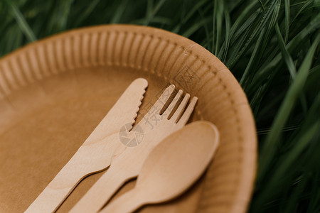 纸餐具带勺子 叉子 刀子的特写环保天然盘子 套在绿草背景的一次性生态盘子 地球的可持续性静物咖啡产品野餐浪费包装用具午餐餐具纸板背景