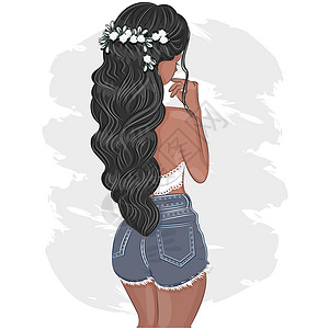 长脖族纺织手绘美丽的年轻黑发女人 头发奢华 穿着夏装的时尚女孩 穿着短裤 素描 纺织印花 矢量图的晒黑女孩插画