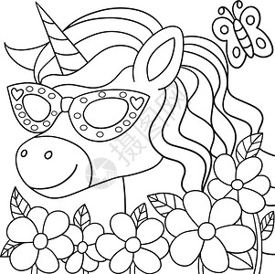 太阳镜填色独角兽为孩子们戴太阳眼镜的彩色页面动物儿童喇叭魔法墨镜手绘尾巴小马太阳镜图画书插画