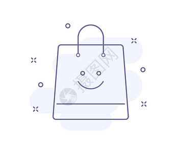 蒸包标识袋与微笑轮廓矢量插图隔离在白色 带有浅粉色背景和装饰的微笑紫色线图标的袋子 用于网页和用户界面设计 移动应用程序和印刷印刷插画
