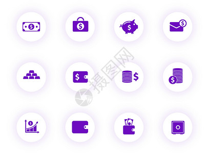 财务紫色颜色矢量图标上带有紫色阴影的浅色圆形按钮 为 web 移动应用程序 ui 设计和打印设置的货币和金融图标网络图表应用金锭背景图片