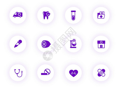 洁白健齿带有紫色阴影的浅色圆形按钮上的医疗保健紫色颜色矢量图标 为 web 移动应用程序 ui 设计和打印设置的医疗保健图标应用药品临床插画