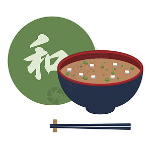 汤洒了在日本的标志上 展示了米索汤和筷子 矢量插画
