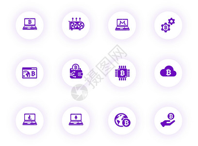 紫色颜色矢量图标在带有紫色阴影的浅色圆形按钮上 为 web 移动应用程序 ui 设计和打印设置的加密货币图标银行钱包区块链标识交背景图片