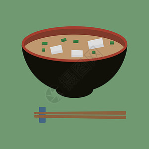 葱烧豆腐Miso汤和筷子图标设置为孤立的日本风格背景 日本食物 矢量插画