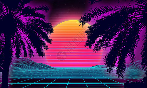 迈阿密海滩在海滩上的 3d 日落 复古手掌矢量科幻背景 数字景观网络表面  80 年代派对背景日出海报椰子热带棕榈星系紫色太阳合成器城市插画