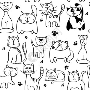 黑白色的猫猫的无缝图案 手画黑印和可爱动物插画