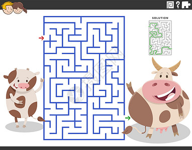 带卡通母牛和小牛的迷宫游戏高清图片